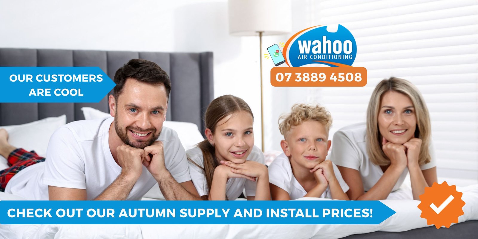 hero image of happy family sitting on cream couch with Wahoo adverts