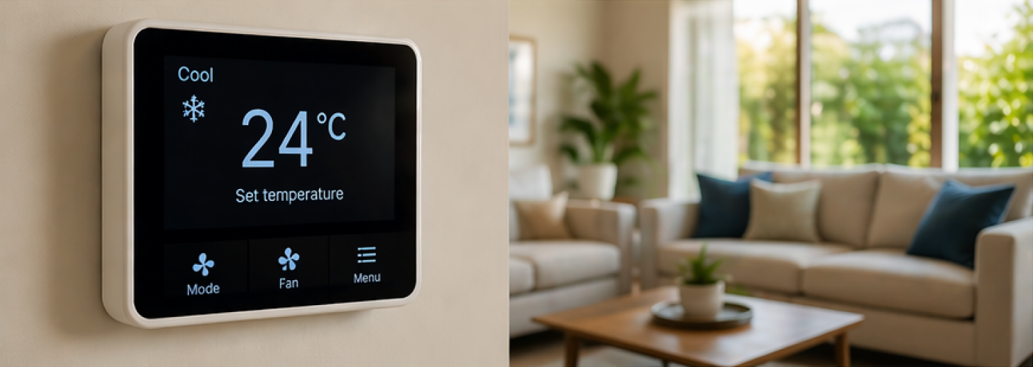 Screenshot 2026-05-19 125110 Smart thermostat mounted on a wall in a bright living room showing 24°C cooling and set temperature