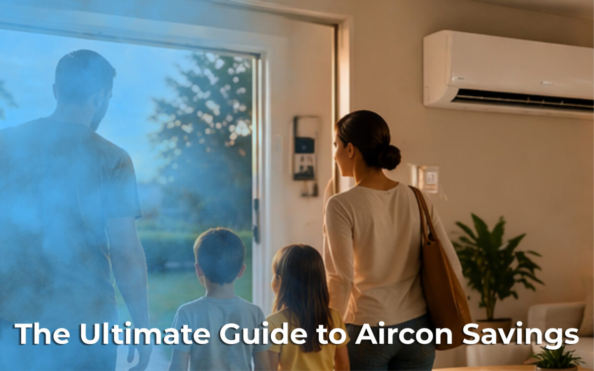 A family standing inside near a glass door and a wall-mounted air conditioner, with blue fog in the foreground and the page title text 'The Ultimate Guide to AirCon Savings' overlaid at the bottom.