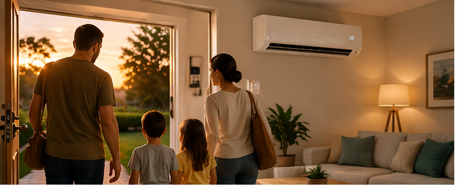 Family of four enters a cozy living room at sunset through an open door; interior shows a sofa, plants, and a wall-mounted AC unit.