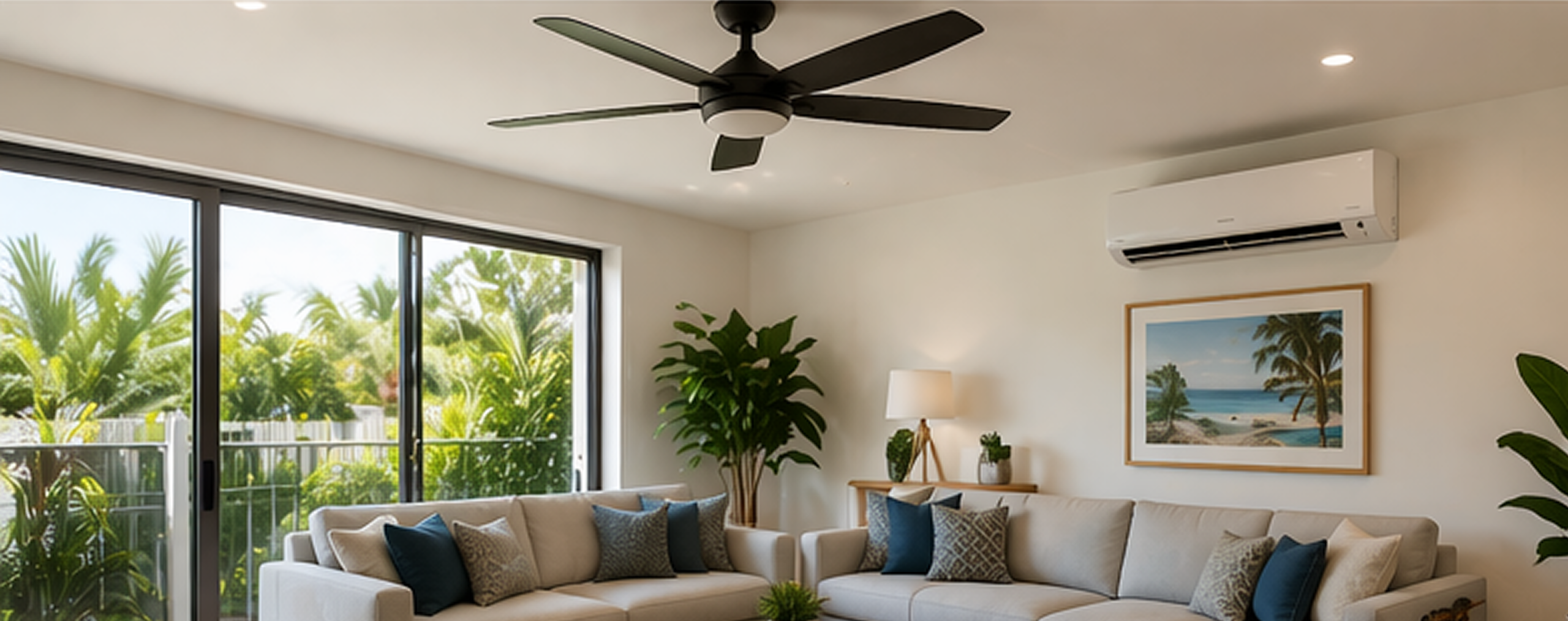 feee3606-119f-47f7-a3bb-2c811a1a42ed 3 Bright living room with beige sectional, large sliding glass door to tropical plants, ceiling fan, and wall art.