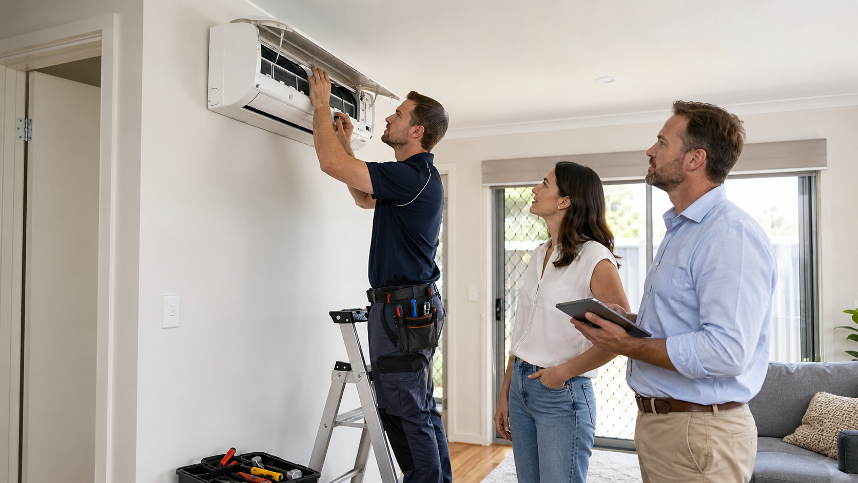 d7c9b4408a24f0902923d1a5a3ba137974a0f4a085b750c4ba897b9948026f12 Smart thermostat mounted on a wall in a bright living room showing 24°C cooling and set temperature