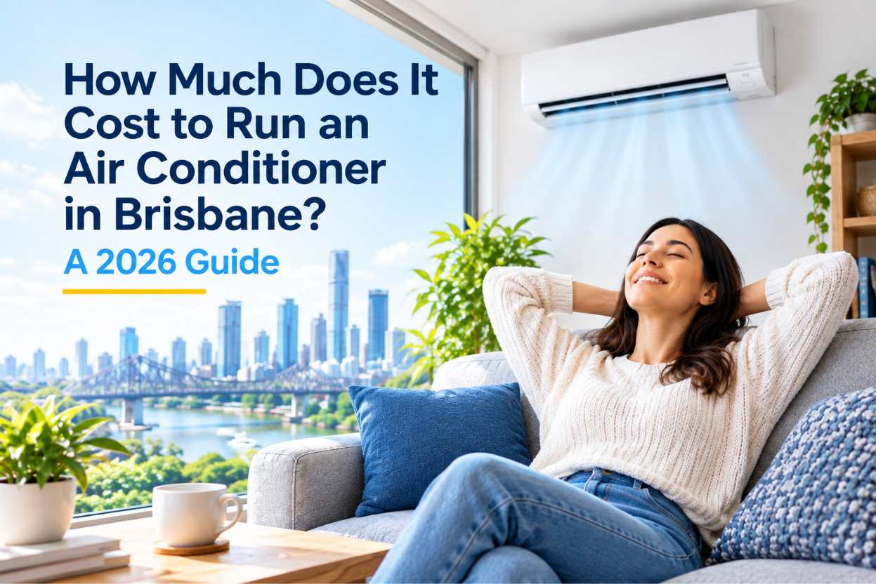 Cost to run an air conditioner in Brisbane 2026 guide Woman relaxing on a lounge beneath a wall-mounted split system air conditioner with the Brisbane skyline through the window