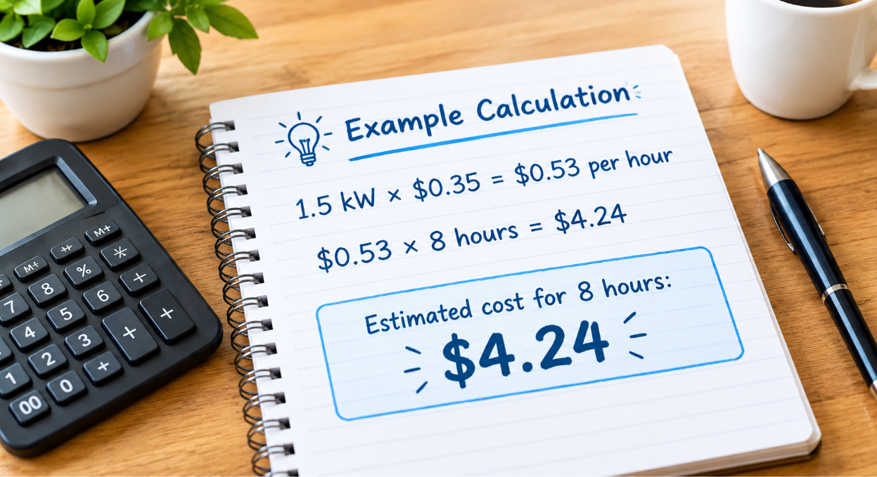 Air conditioner running cost example calculation Notepad showing an example running cost calculation of 1.5 kW at 35 cents per kWh equalling 53 cents per hour