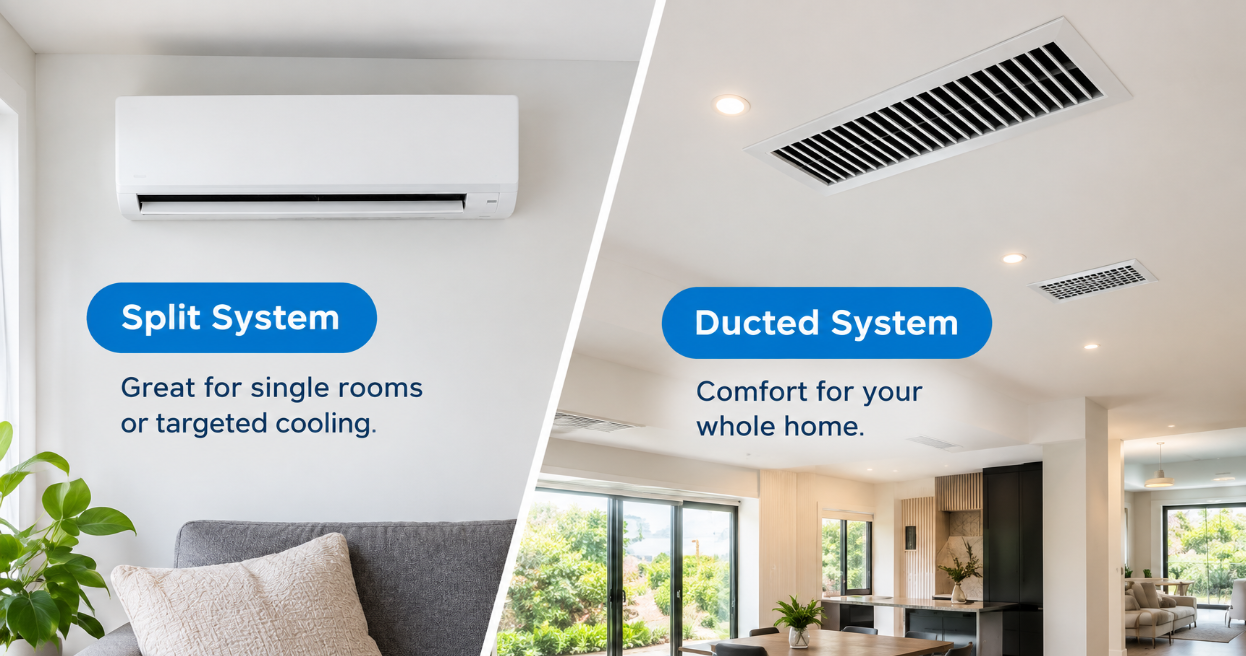 Split system versus ducted air conditioning comparison Split system air conditioner on a living room wall beside a ducted system ceiling vent, comparing single room and whole home cooling