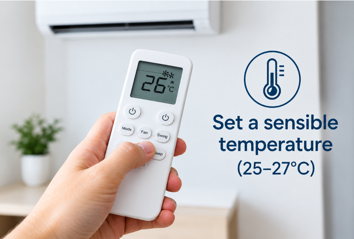 Set a sensible air conditioner temperature Hand holding an air conditioner remote set to 26 degrees beside the words Set a sensible temperature 25 to 27 degrees