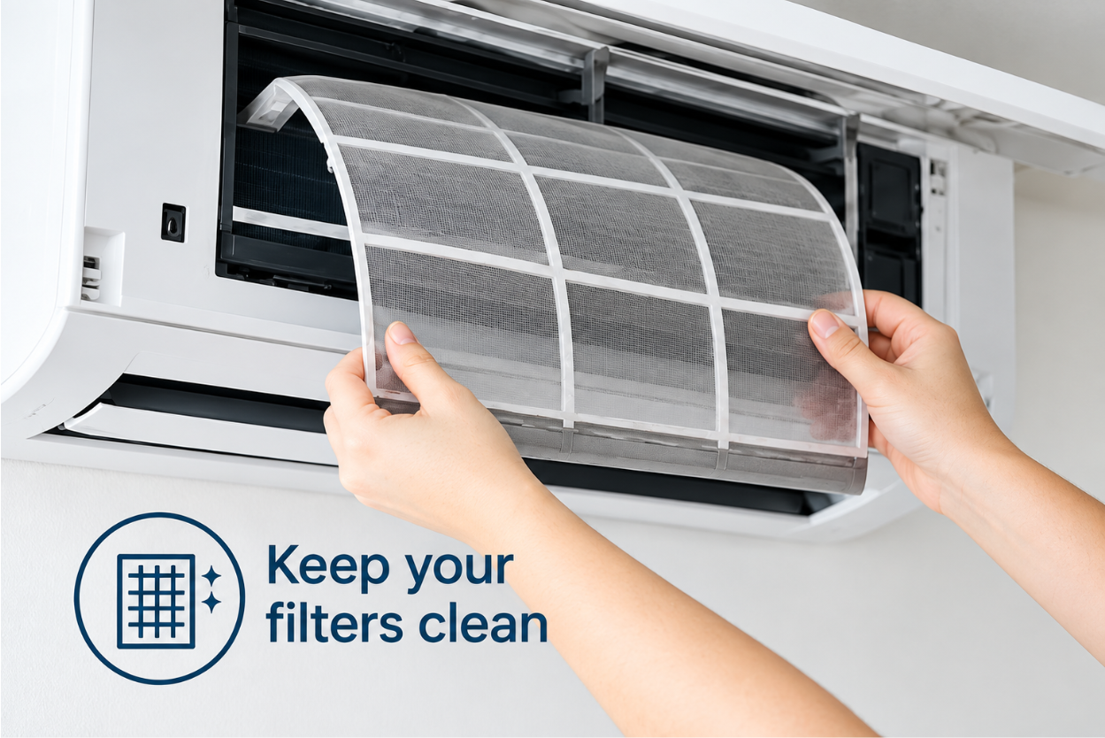 Keeping air conditioner filters clean Hands removing the filter from a wall-mounted split system air conditioner beside the words Keep your filters clean